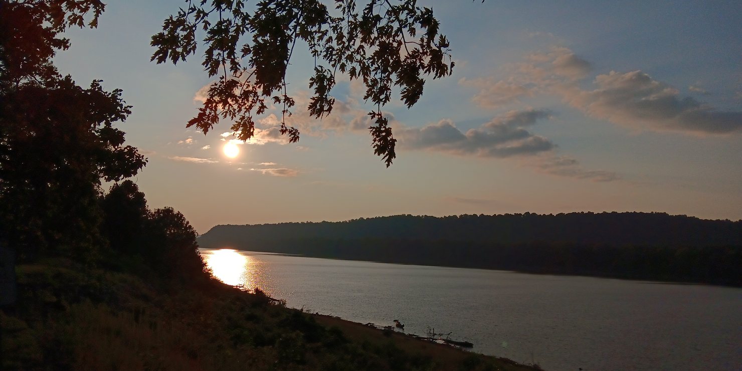 Sunlight on the Ohio River through overhanging maple branches